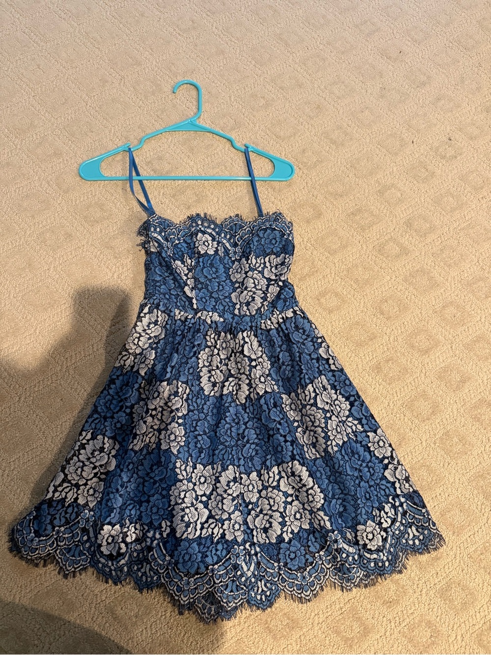 NBD Blue and White Lace Spaghetti Strap Fit & Flare Dress